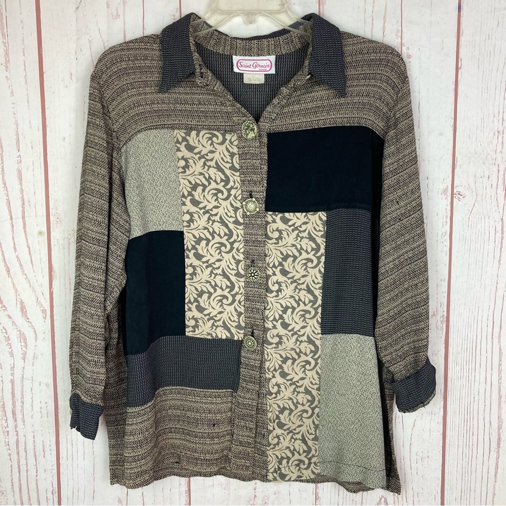 Vintage Saint Germain Woman 1X Button Shirt Mixed Media USA Unique Buttons Flaws - Picture 2 of 14